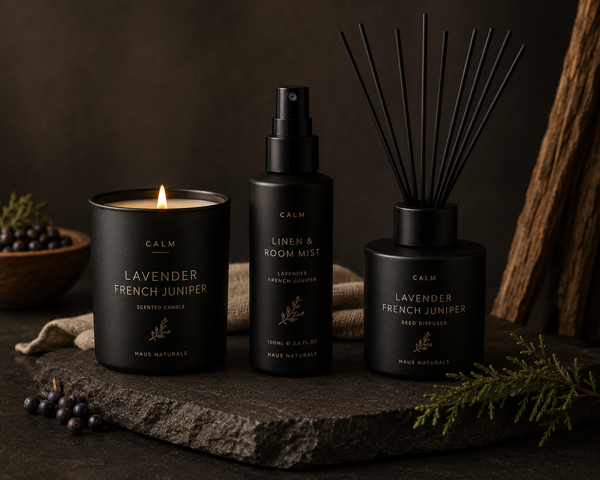 The forthcoming CALM candle, reed diffuser and linen and room mist